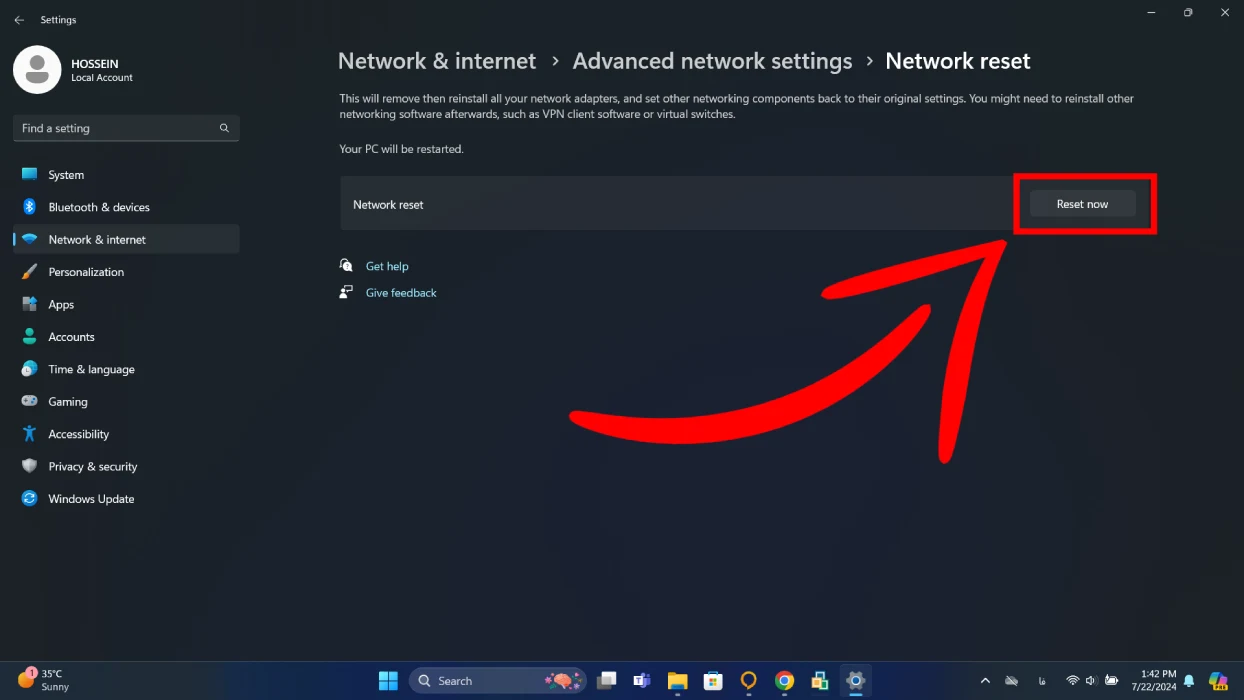 ریست نتوورک در ویندوز 11