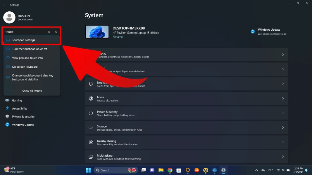 تنظیمات تاچ پد در ویندوز 11
