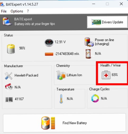 درصد سلامت باتری لپ تاپ اچ پی
