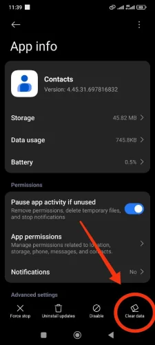 بازنشانی تنظیمات برنامه مخاطبین
