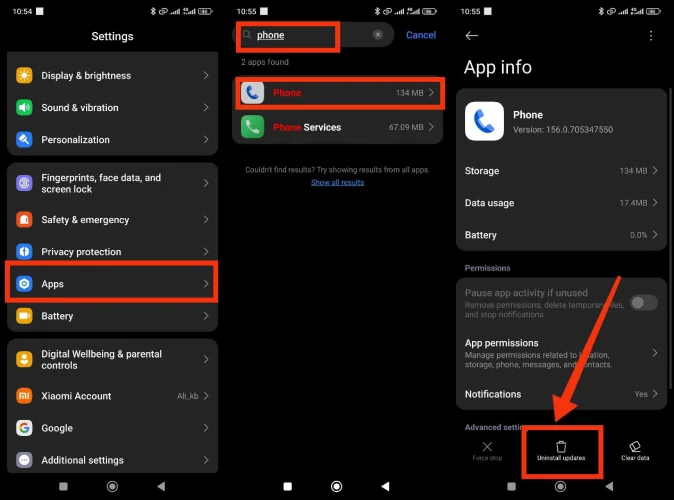 پاک کردن بروزرسانی برنامه تلفن