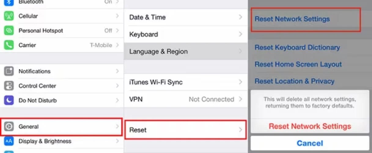 ریست تنظیمات شبکه آیفون